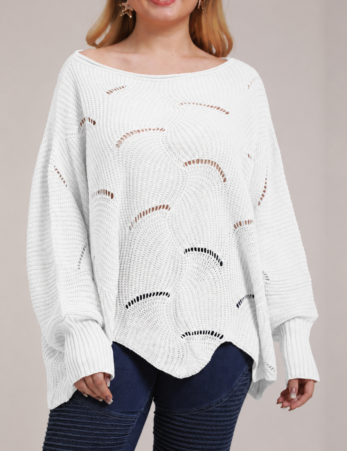 Bat-Sleeve Lantern Sleeve Hollow Woven Pullover Sweater