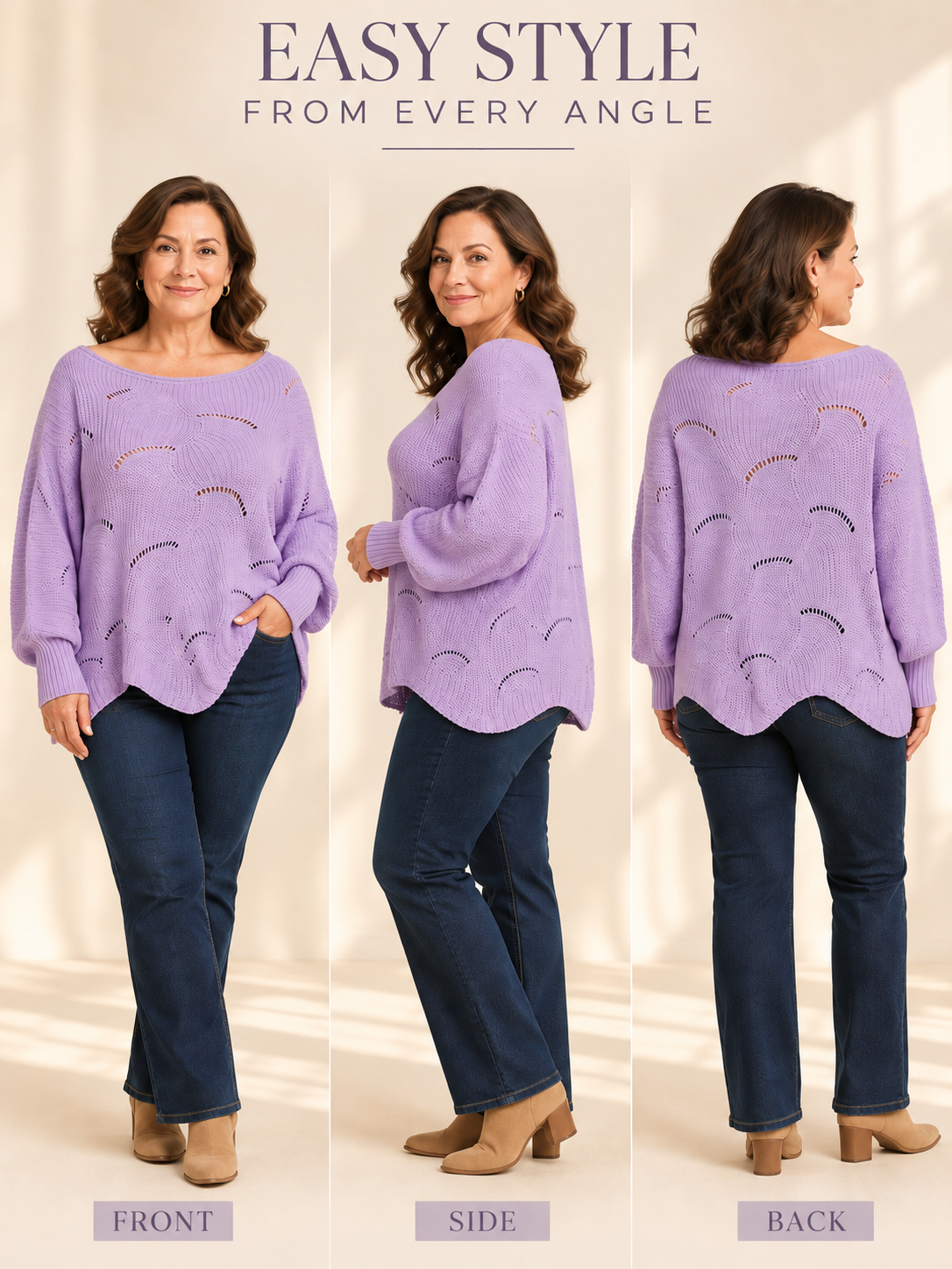 Bat-Sleeve Lantern Sleeve Hollow Woven Pullover Sweater
