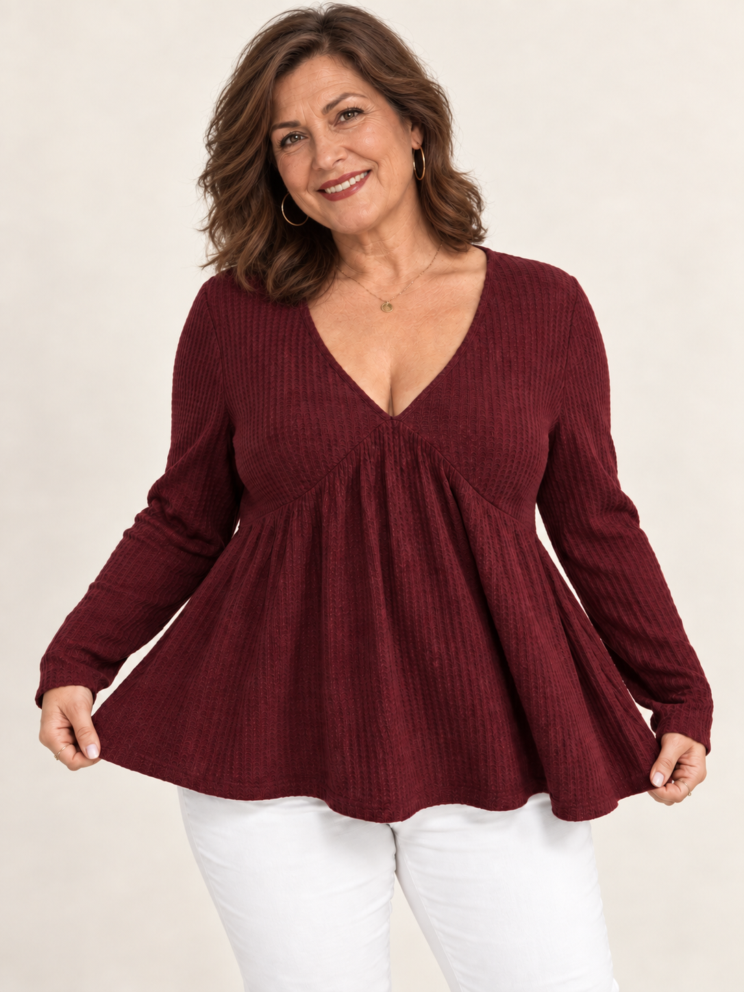 Elegant Deep V-Neck Waffle Knit Peplum Top