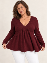 Elegant Deep V-Neck Waffle Knit Peplum Top
