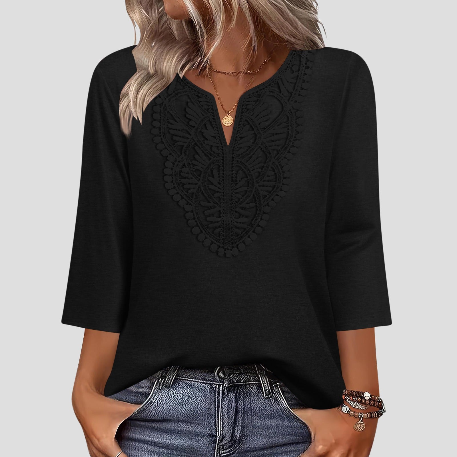 V-neck Loose-fitting T-shirt With Lace Trim