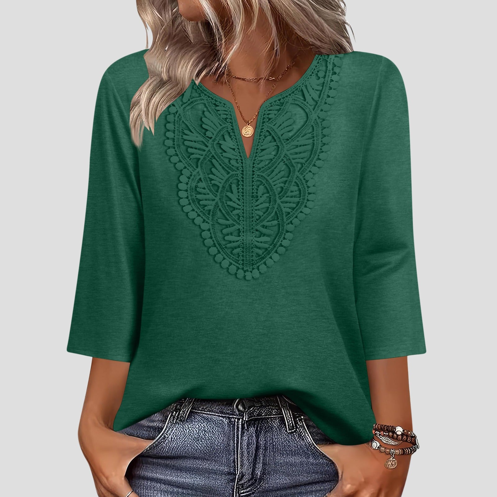 V-neck Loose-fitting T-shirt With Lace Trim
