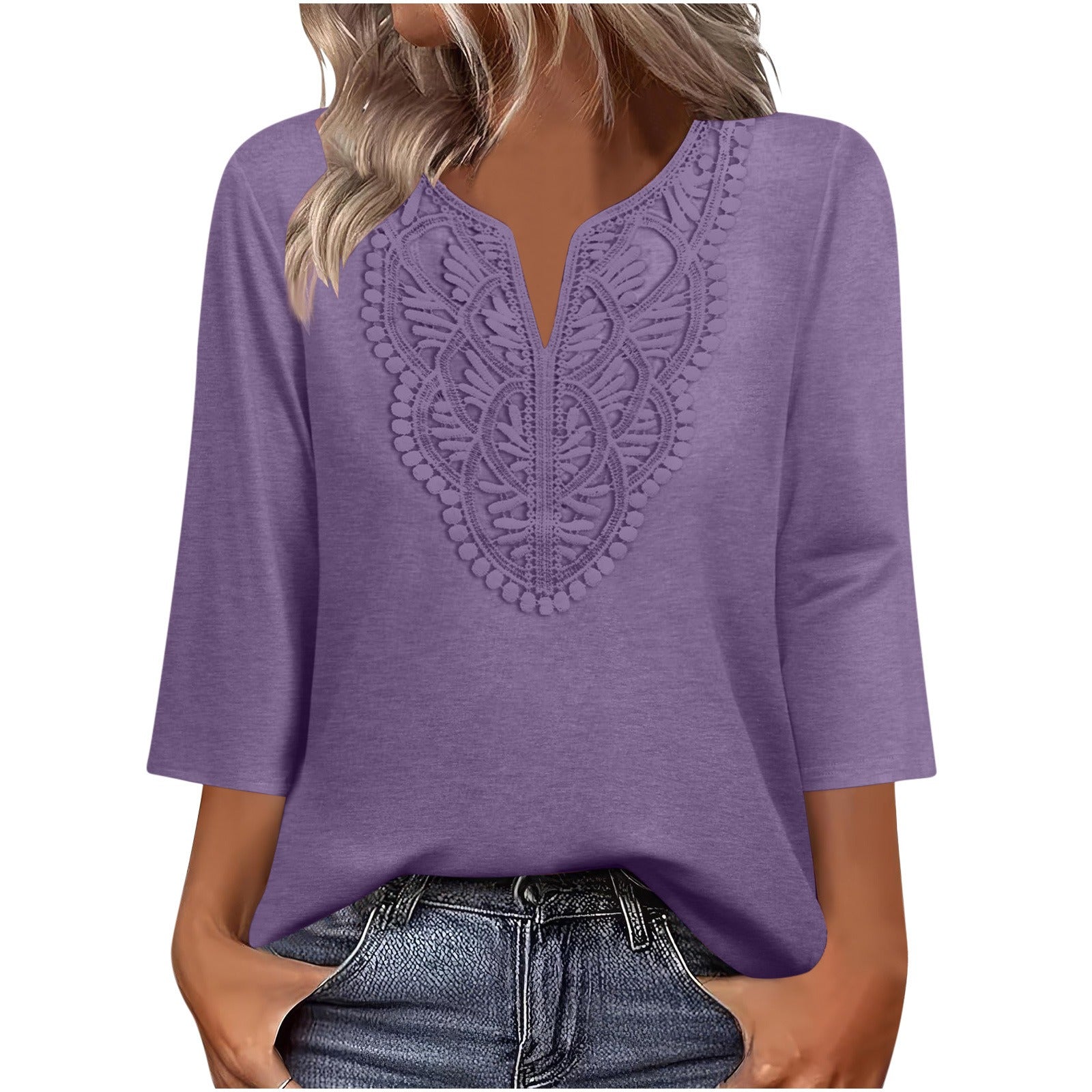 V-neck Loose-fitting T-shirt With Lace Trim