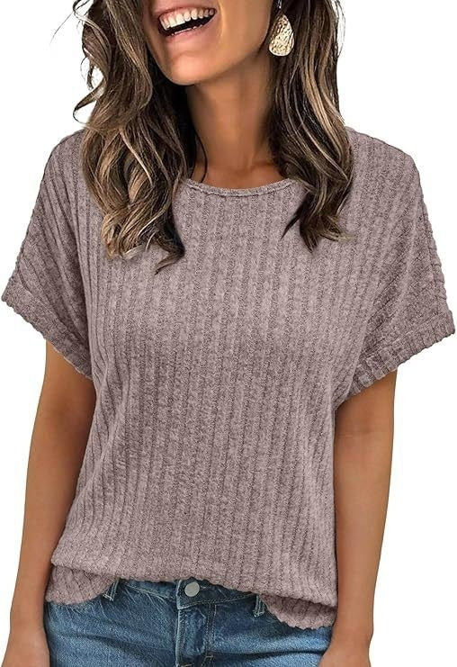 Women's Crew Neck Ribbed Short Sleeve T-Shirt
