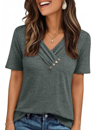 V-neck Pleated Solid Color Button Top