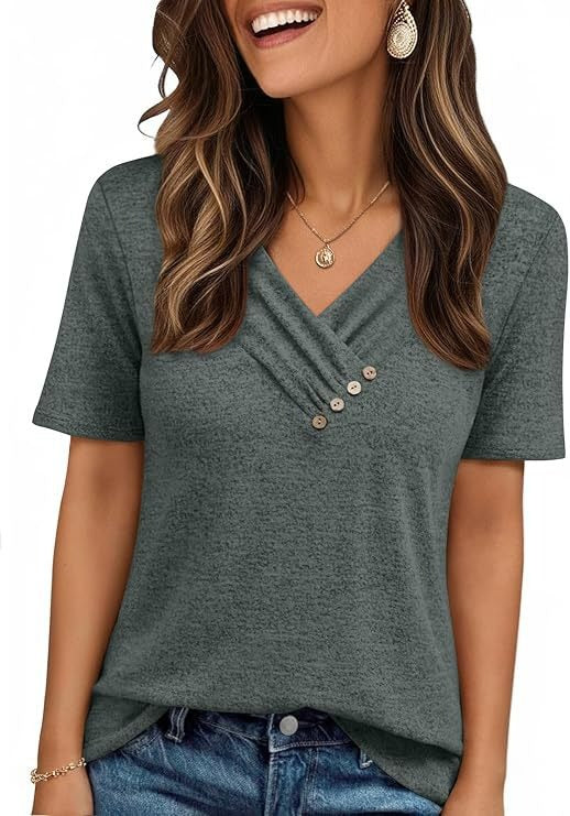 V-neck Pleated Solid Color Button Top