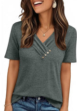 V-neck Pleated Solid Color Button Top