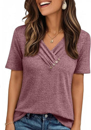 V-neck Pleated Solid Color Button Top