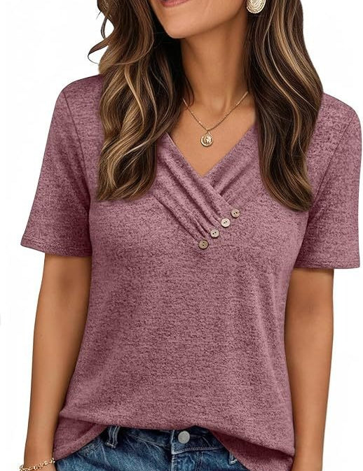 V-neck Pleated Solid Color Button Top