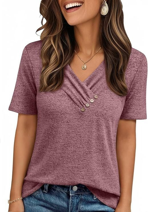V-neck Pleated Solid Color Button Top