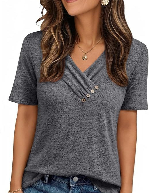 V-neck Pleated Solid Color Button Top