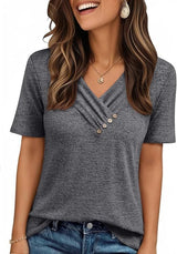 V-neck Pleated Solid Color Button Top