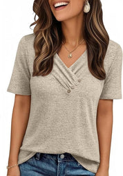 V-neck Pleated Solid Color Button Top