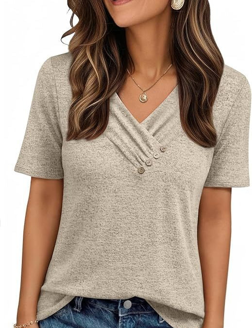 V-neck Pleated Solid Color Button Top