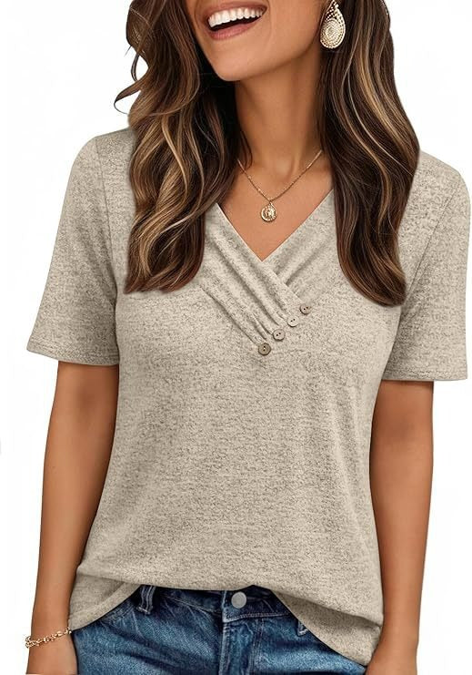 V-neck Pleated Solid Color Button Top