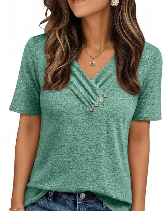 V-neck Pleated Solid Color Button Top