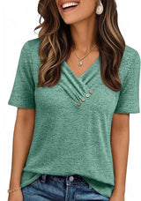 V-neck Pleated Solid Color Button Top