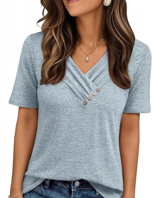 V-neck Pleated Solid Color Button Top