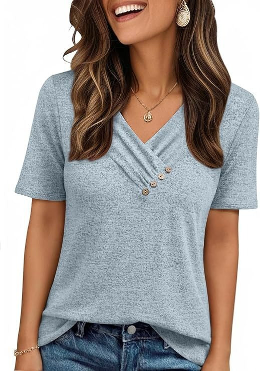 V-neck Pleated Solid Color Button Top