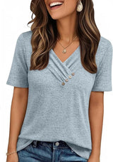V-neck Pleated Solid Color Button Top
