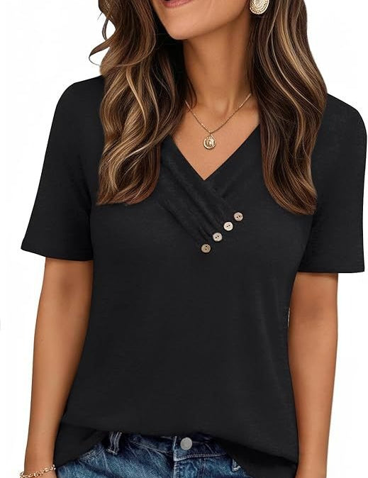 V-neck Pleated Solid Color Button Top