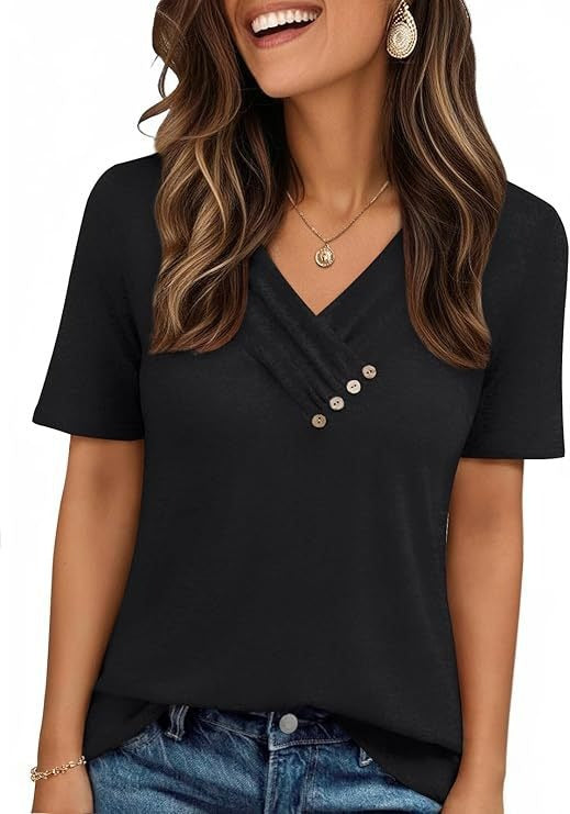 V-neck Pleated Solid Color Button Top