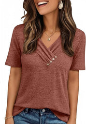 V-neck Pleated Solid Color Button Top