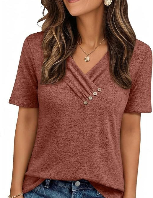 V-neck Pleated Solid Color Button Top