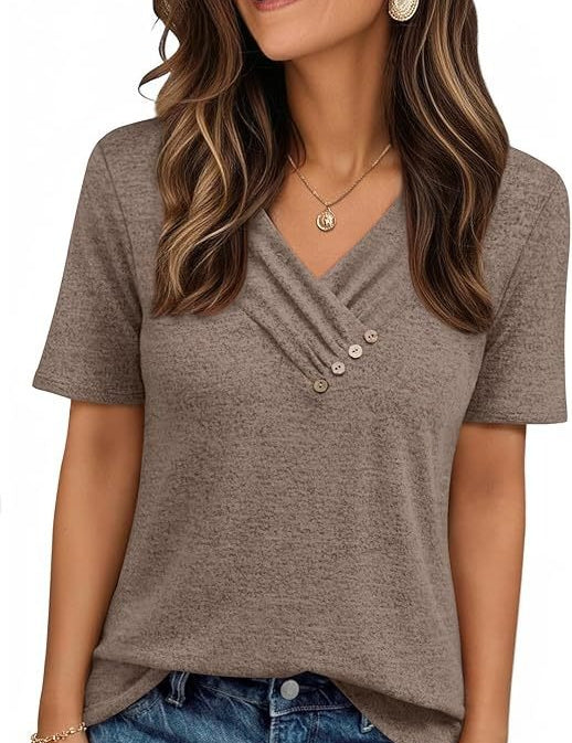 V-neck Pleated Solid Color Button Top
