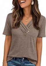 V-neck Pleated Solid Color Button Top