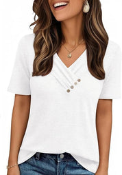 V-neck Pleated Solid Color Button Top