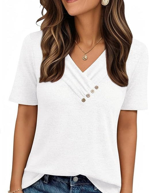 V-neck Pleated Solid Color Button Top