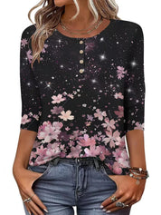 Button-print V-neck Three-quarter Sleeve