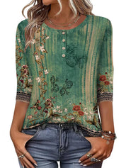 Button-print V-neck Three-quarter Sleeve