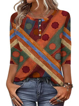 Button-print V-neck Three-quarter Sleeve