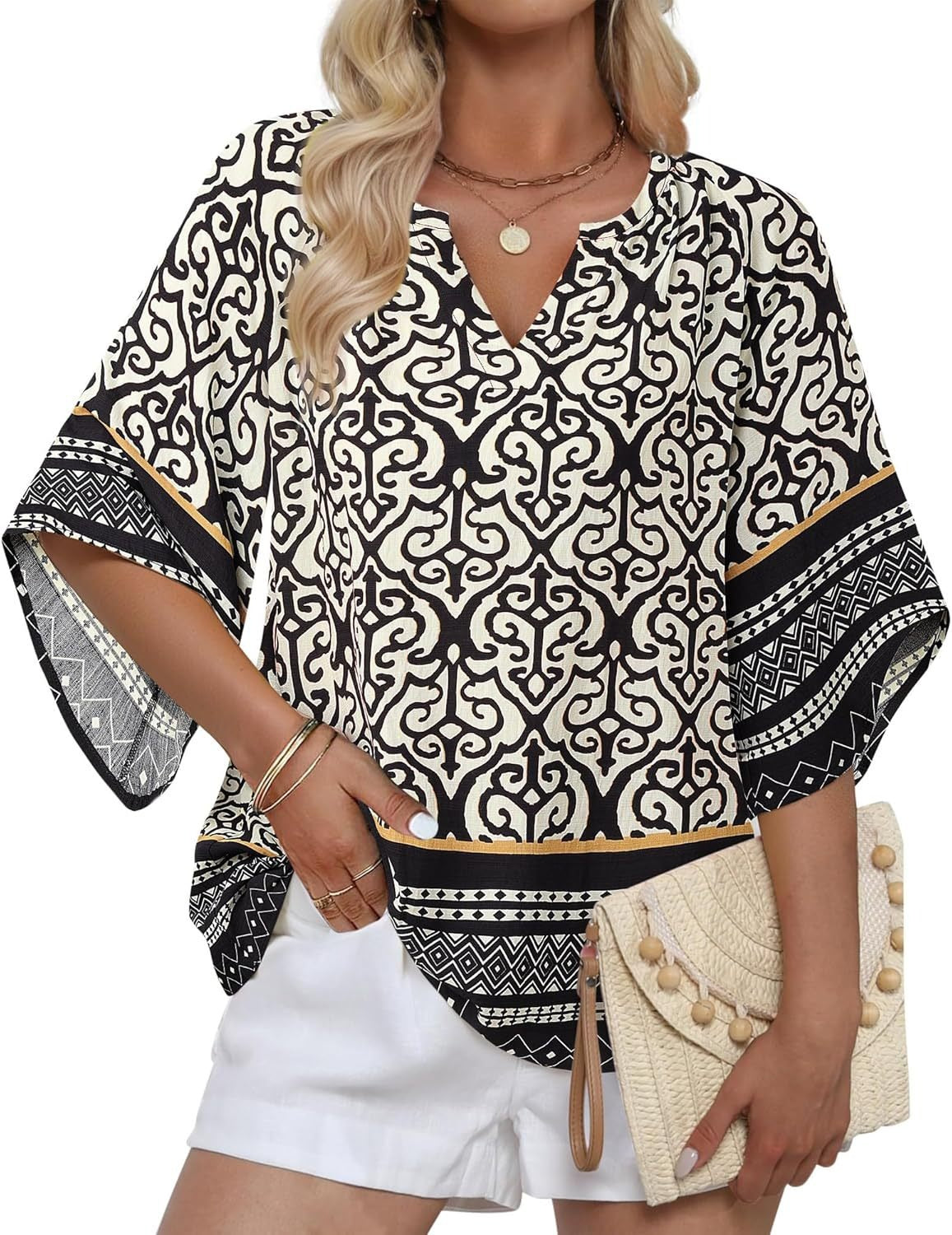 Womens V Neck Bohemian Loose Fit Tunic Tops