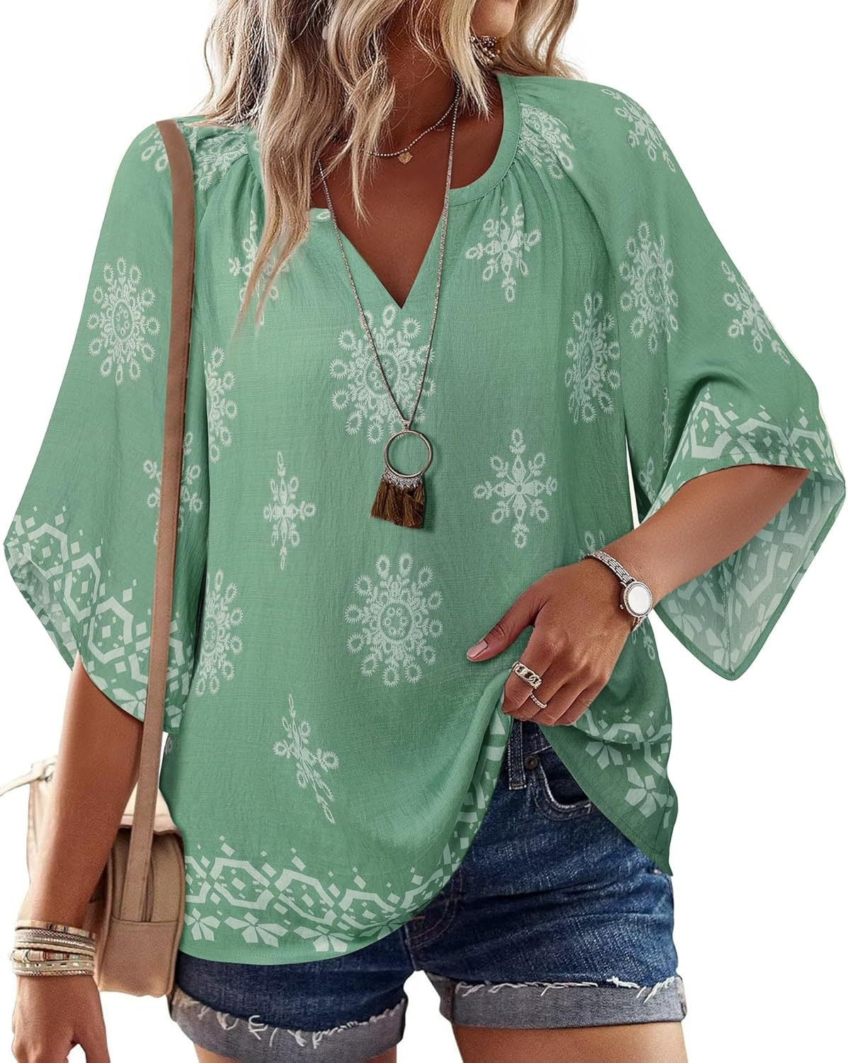 Womens V Neck Bohemian Loose Fit Tunic Tops