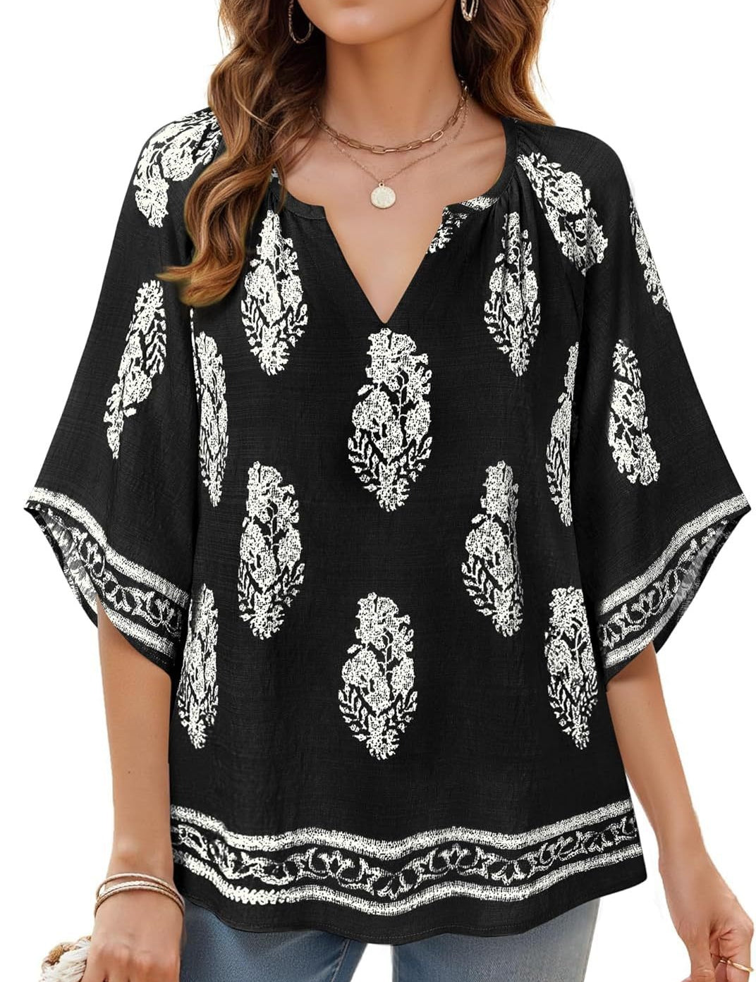Womens V Neck Bohemian Loose Fit Tunic Tops