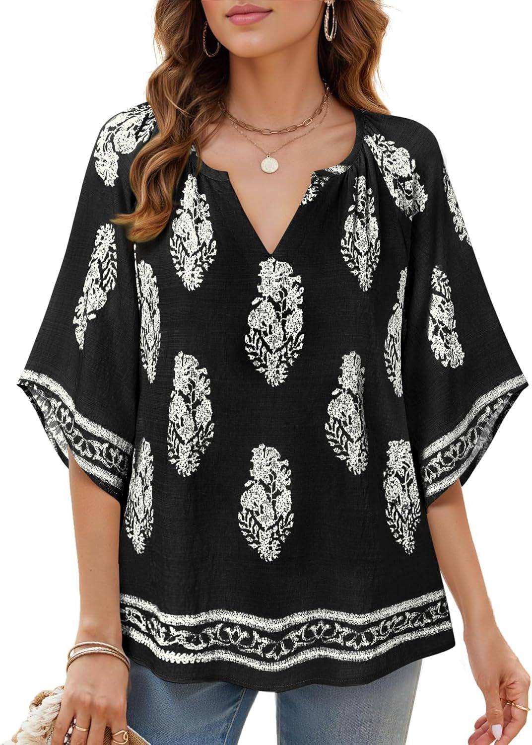 Womens V Neck Bohemian Loose Fit Tunic Tops