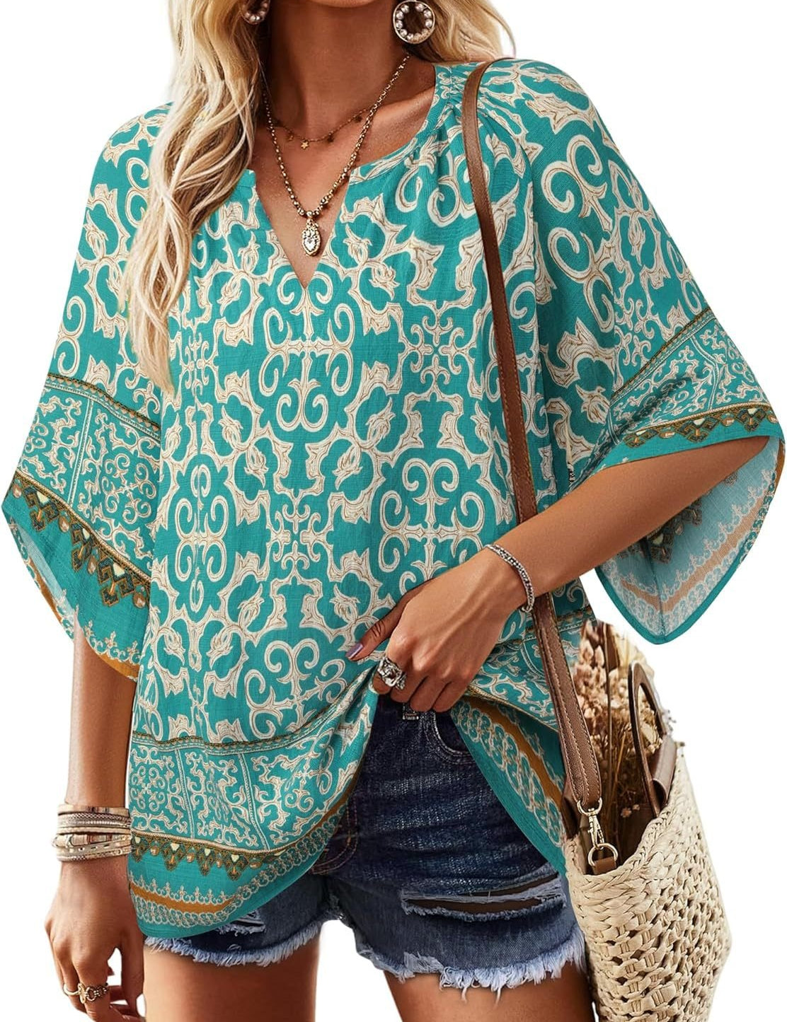 Womens V Neck Bohemian Loose Fit Tunic Tops