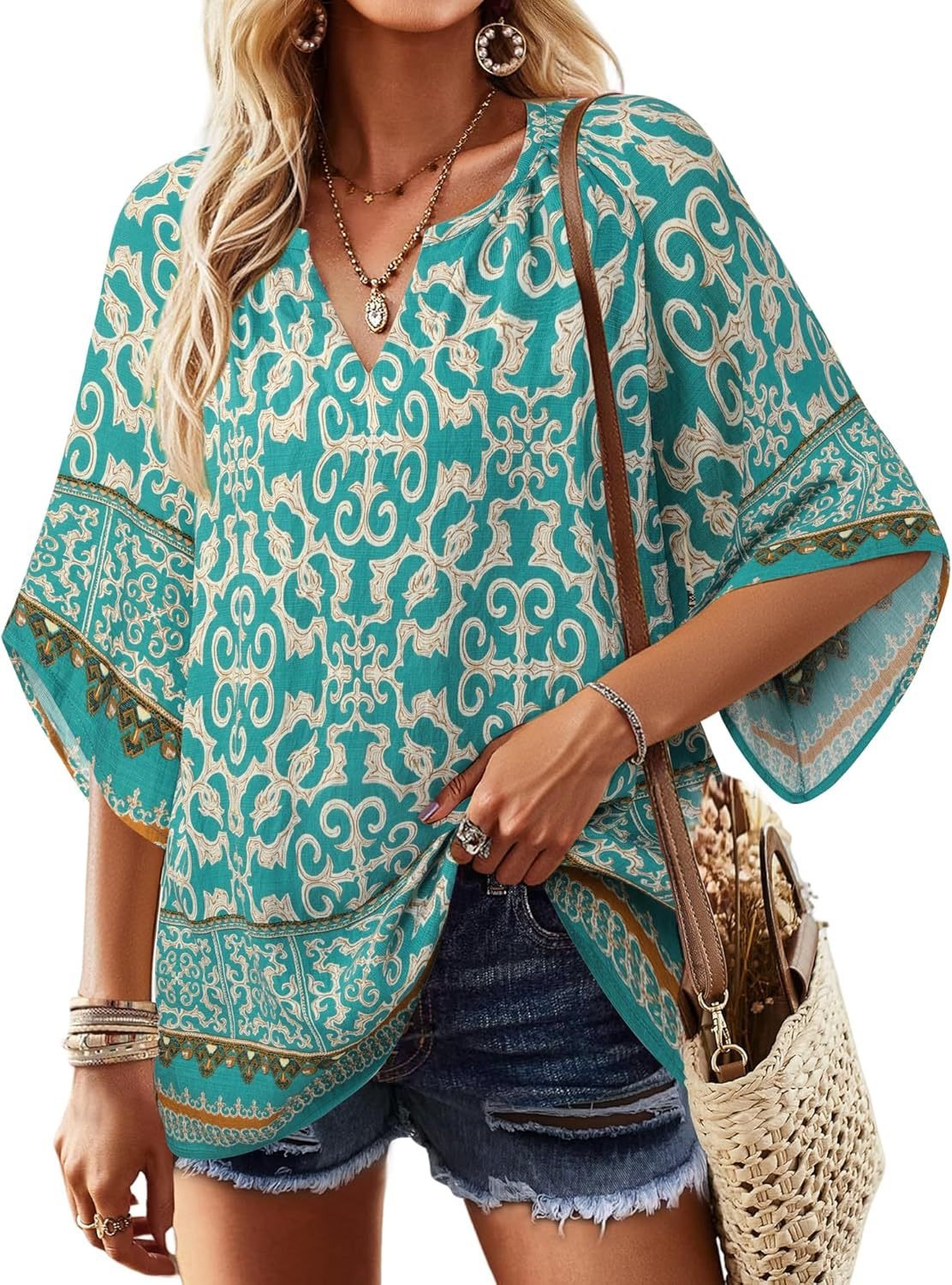 Womens V Neck Bohemian Loose Fit Tunic Tops