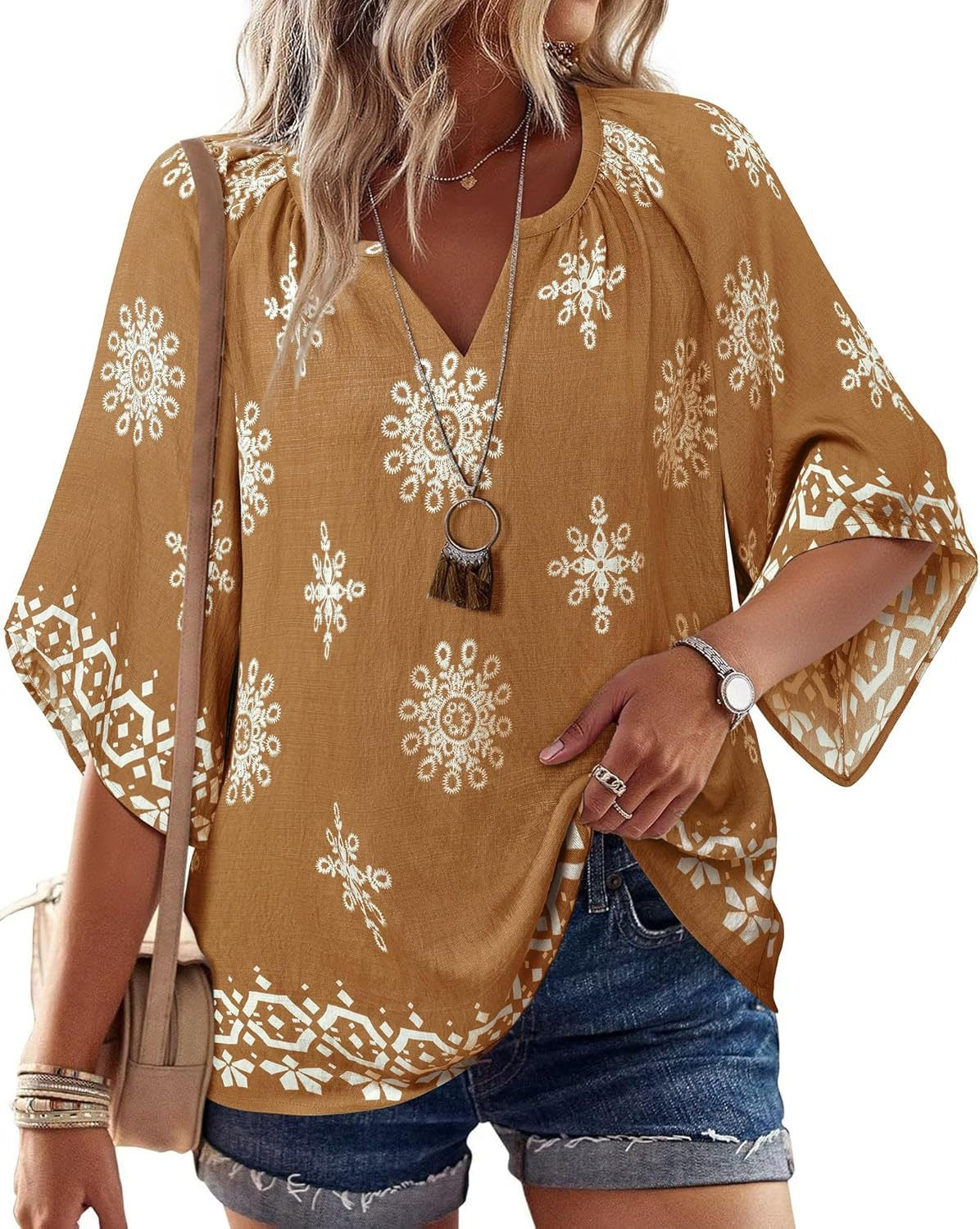 Womens V Neck Bohemian Loose Fit Tunic Tops