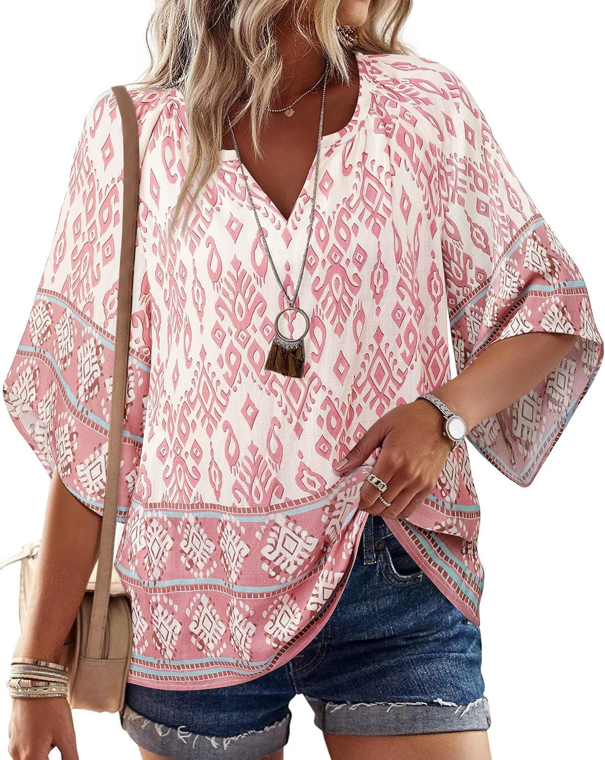 Womens V Neck Bohemian Loose Fit Tunic Tops