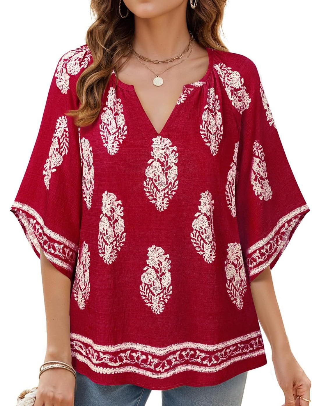 Womens V Neck Bohemian Loose Fit Tunic Tops