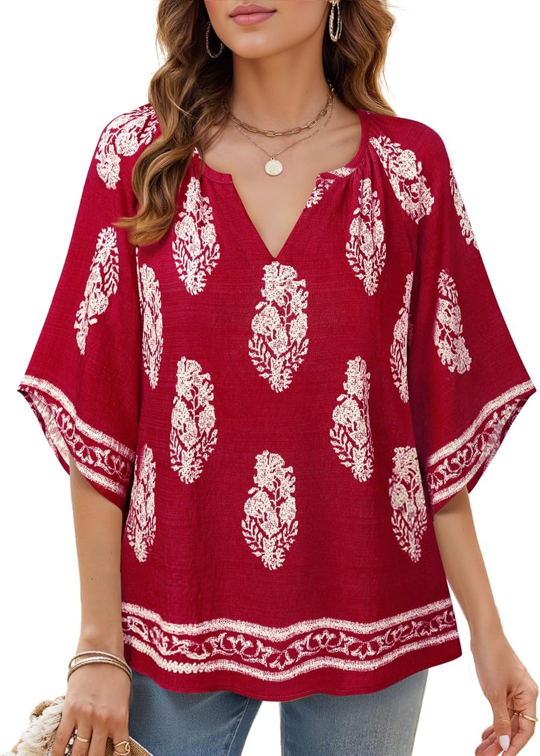 Womens V Neck Bohemian Loose Fit Tunic Tops