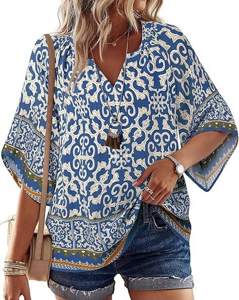 Womens V Neck Bohemian Loose Fit Tunic Tops