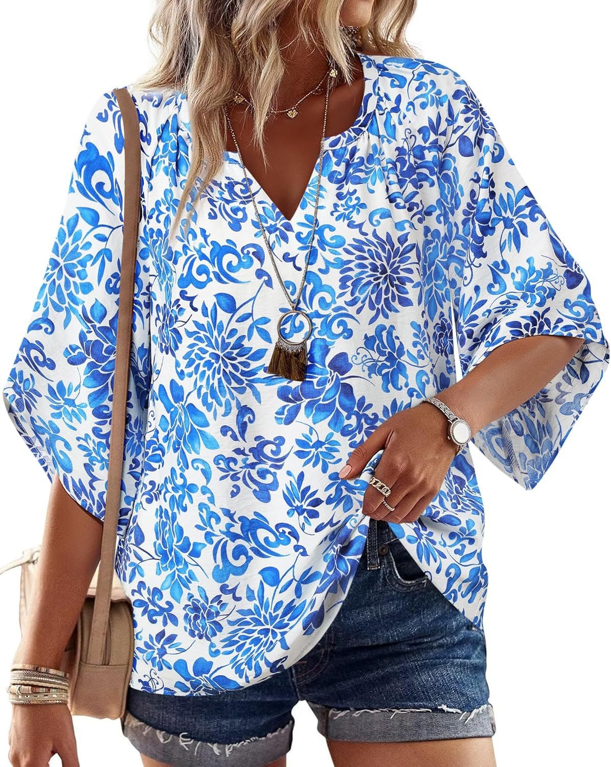 Womens V Neck Bohemian Loose Fit Tunic Tops