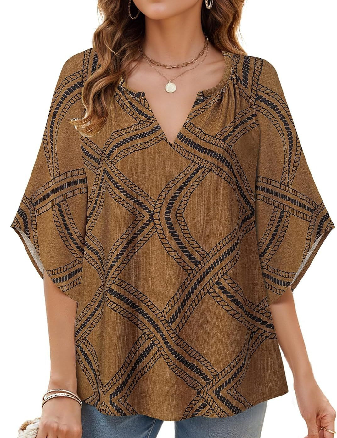 Womens V Neck Bohemian Loose Fit Tunic Tops