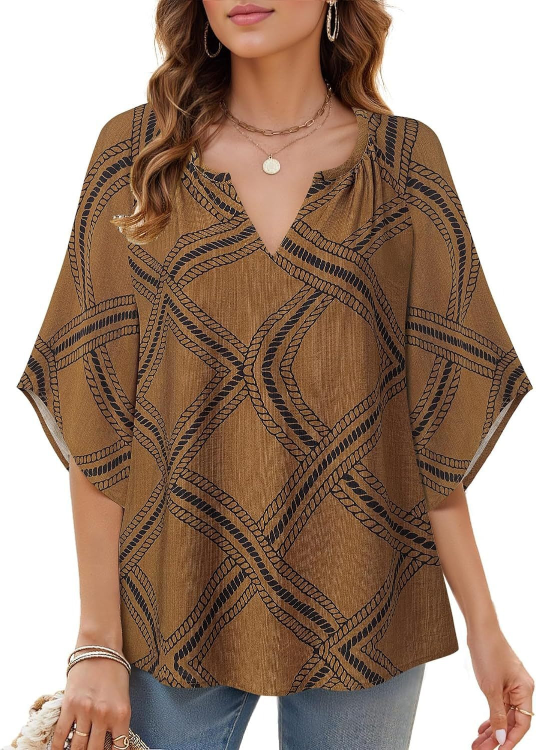 Womens V Neck Bohemian Loose Fit Tunic Tops