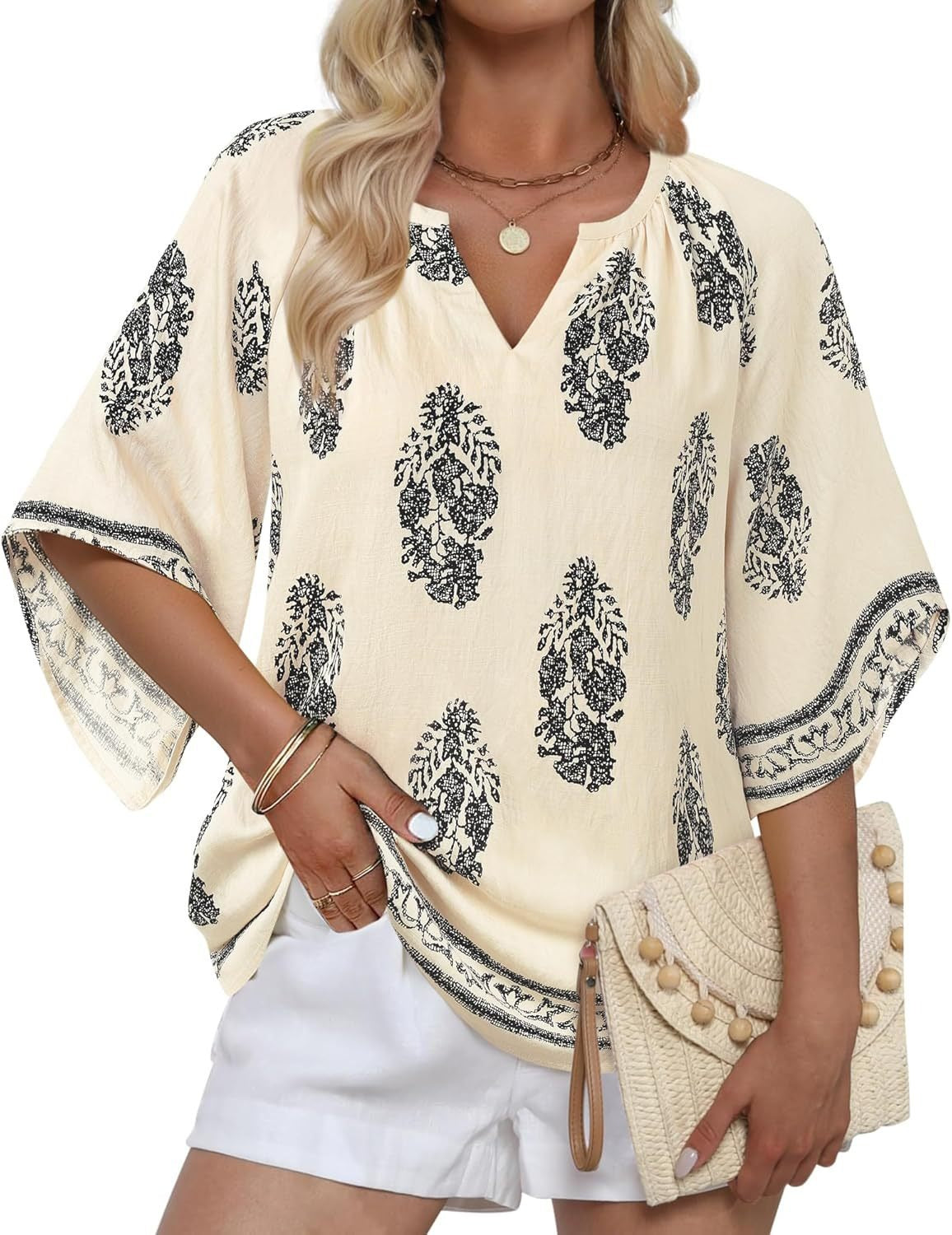 Womens V Neck Bohemian Loose Fit Tunic Tops